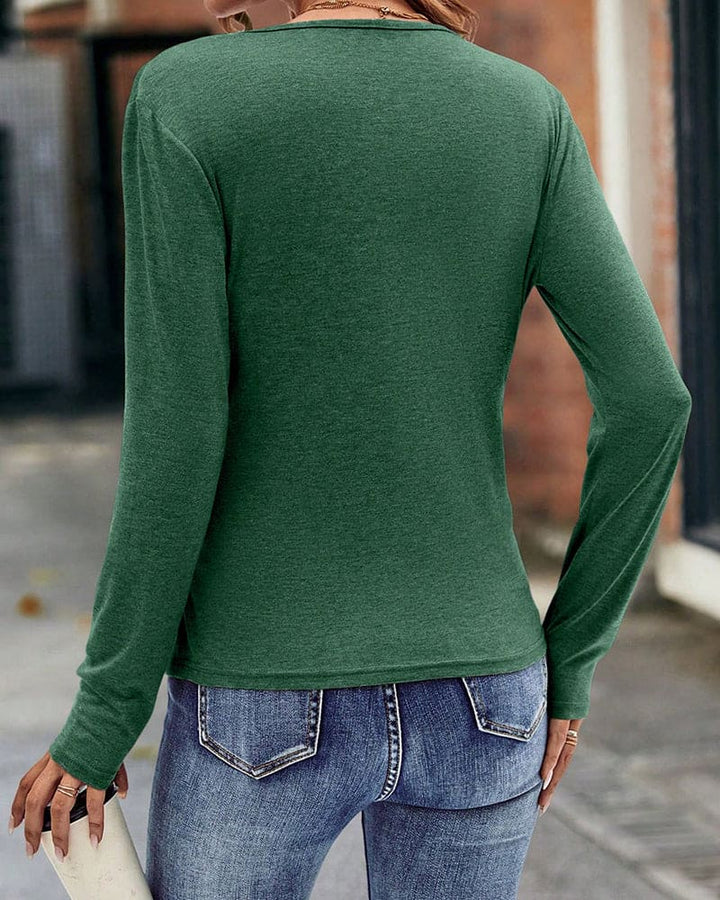 T-shirt à col V plongeant et manches longues pour femme