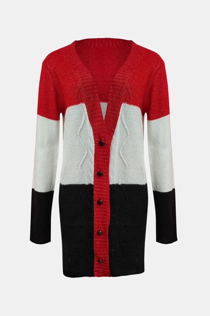 Cardigan boutonné à col V et color block