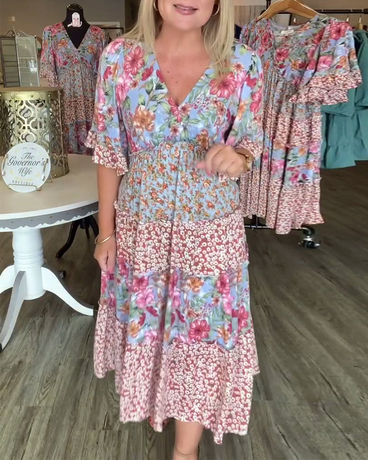 Robe florale à col en V, ourlet Lotus