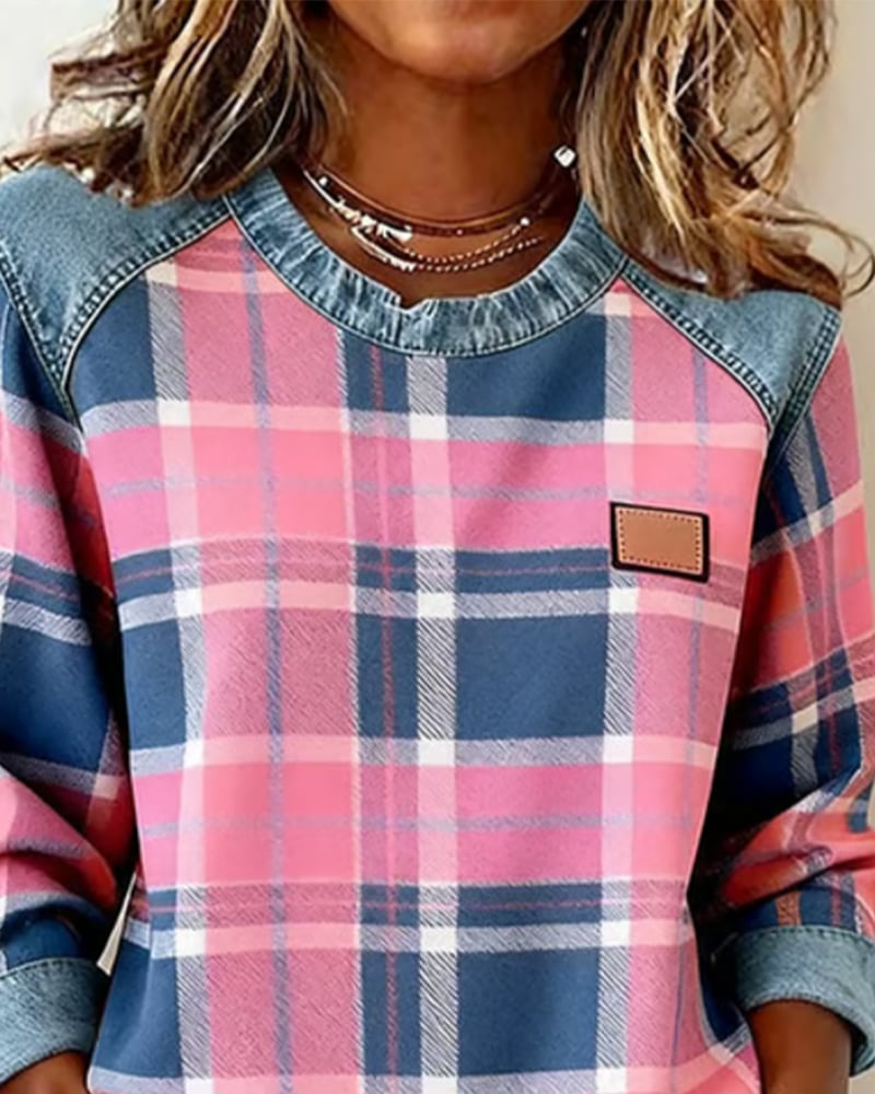 Sweatshirt mode patchwork à carreaux