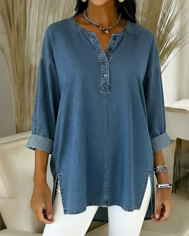 Top en denim à col en V et à boutons