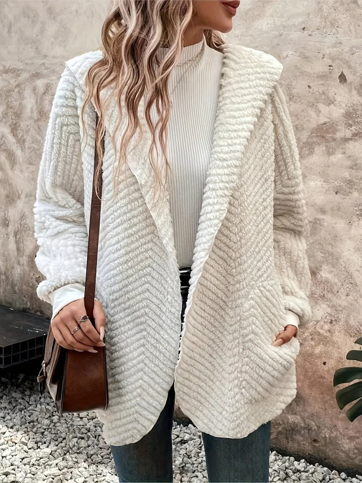 Cardigan duveteux à capuche, devant ouvert et manches longues