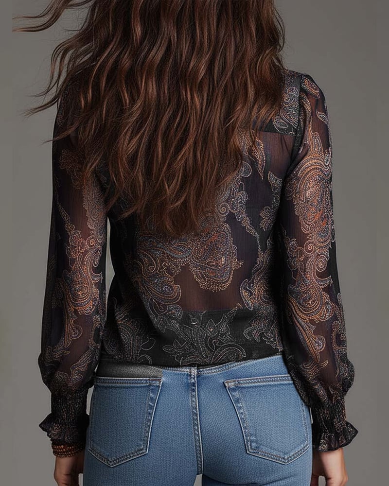 Blouse rétro à volants et demi-fermeture
