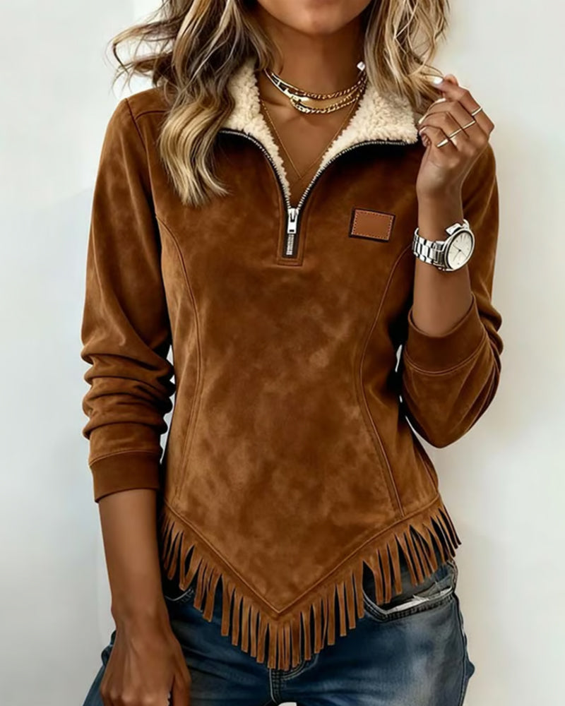 Sweatshirt à franges asymétriques et demi-zip