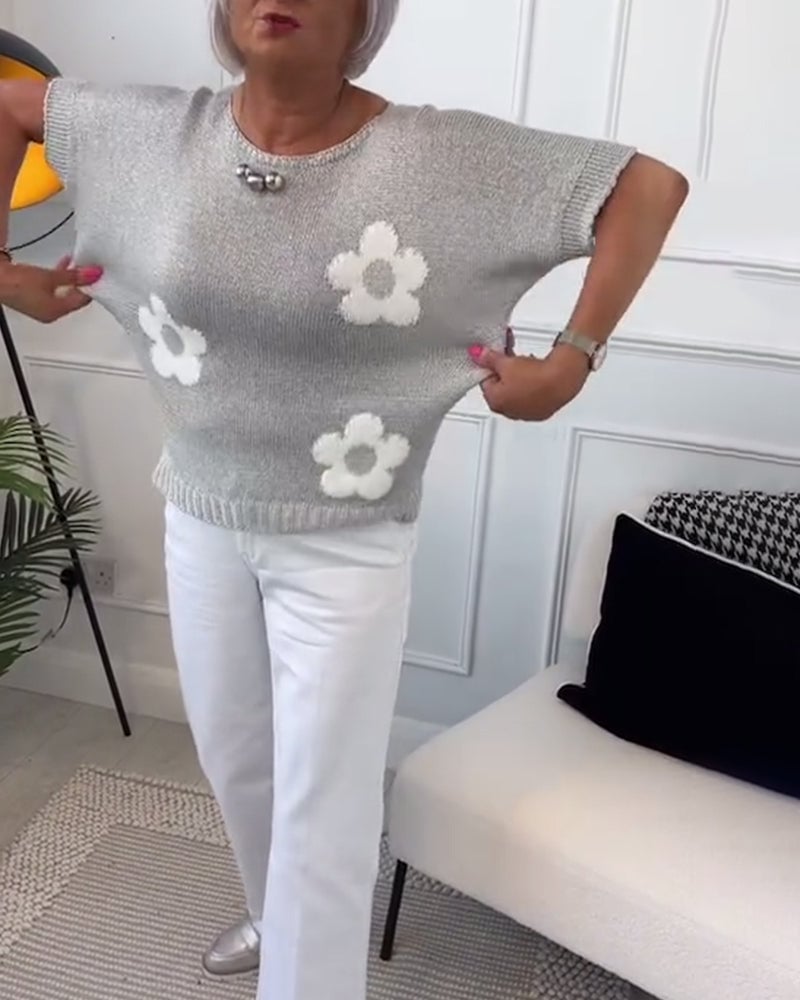 Pull-over ajusté à col rond et imprimés floraux