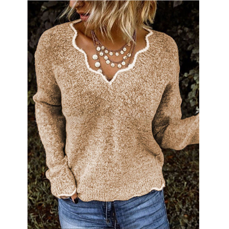 Pull en maille à col V et dentelle pour femme