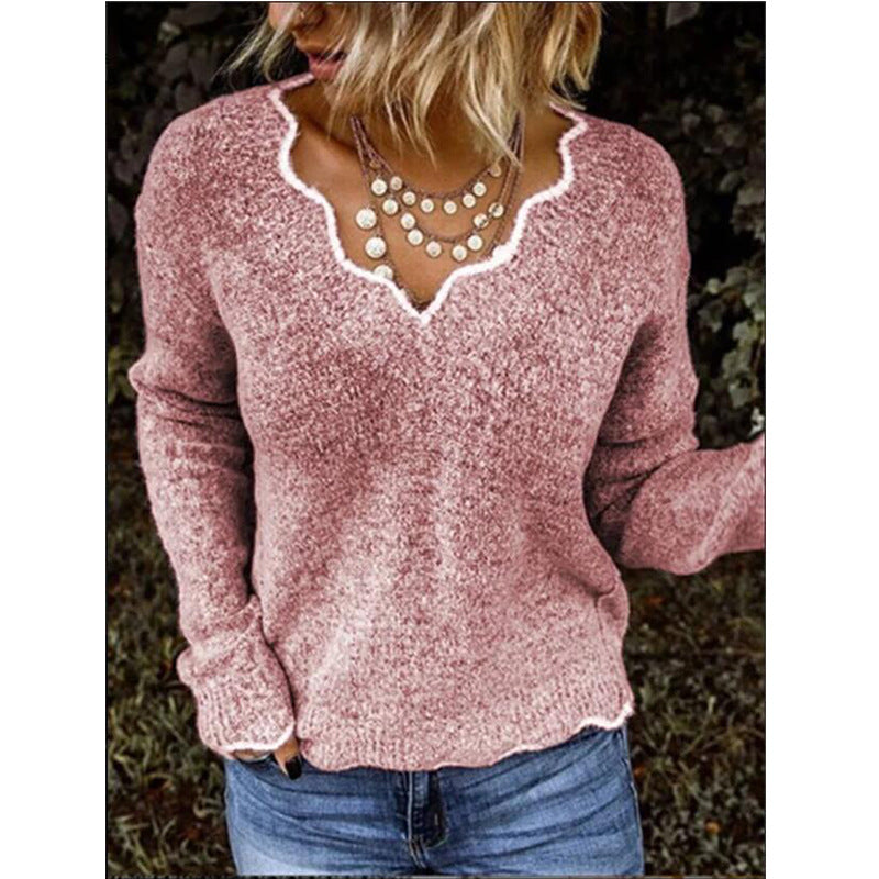 Pull en maille à col V et dentelle pour femme