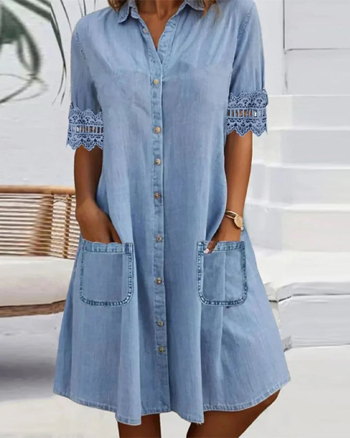 Robe à col à revers, bouton, poche, en dentelle patchwork de couleur unie