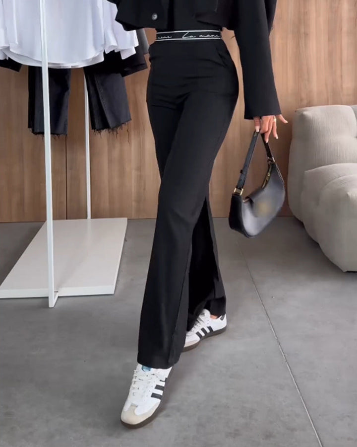 Pantalon droit décontracté couleur unie avec poche à fermeture éclair