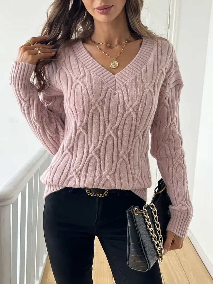 Pull uni en maille torsadée à col V pour femme