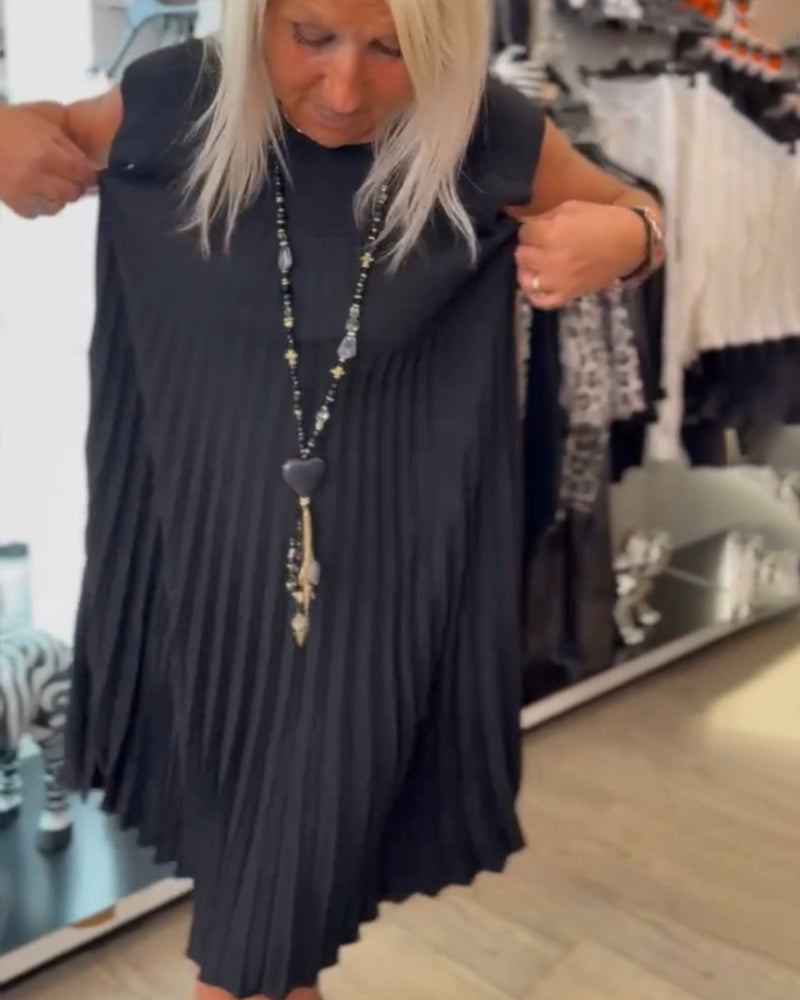 Robe décontractée à col rond, couleur unie, plissée
