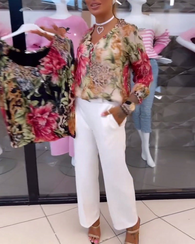 Blouse à col V imprimé floral