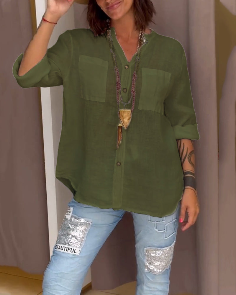 Chemise unie à bouton simple avec poche