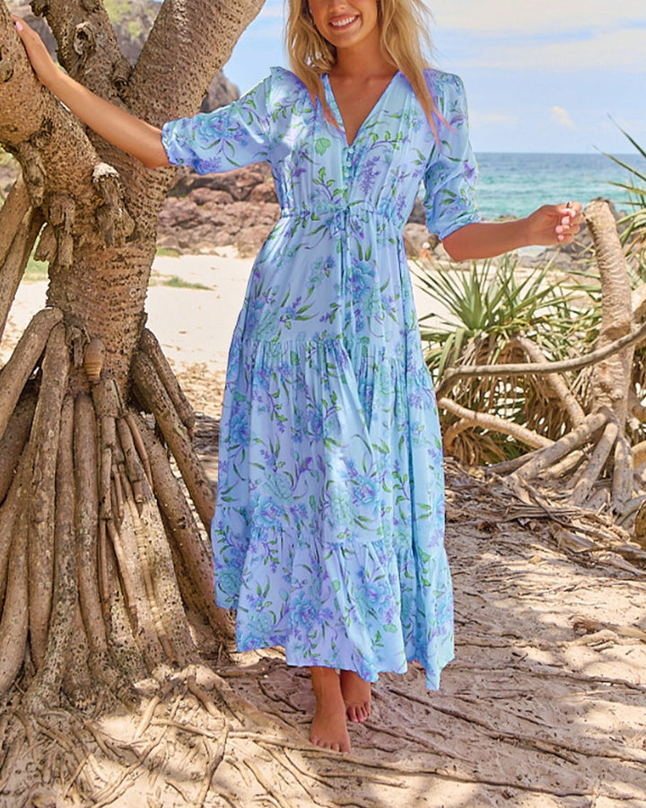Robe à col en V à motif floral à manches courtes