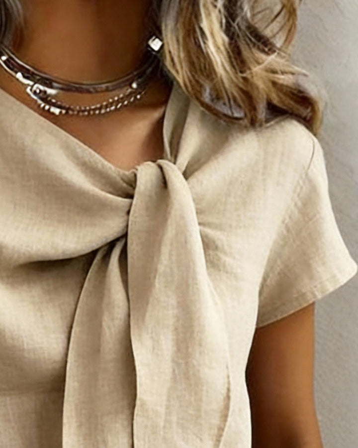 Blouse décontractée à manches courtes, col V en mélange lin