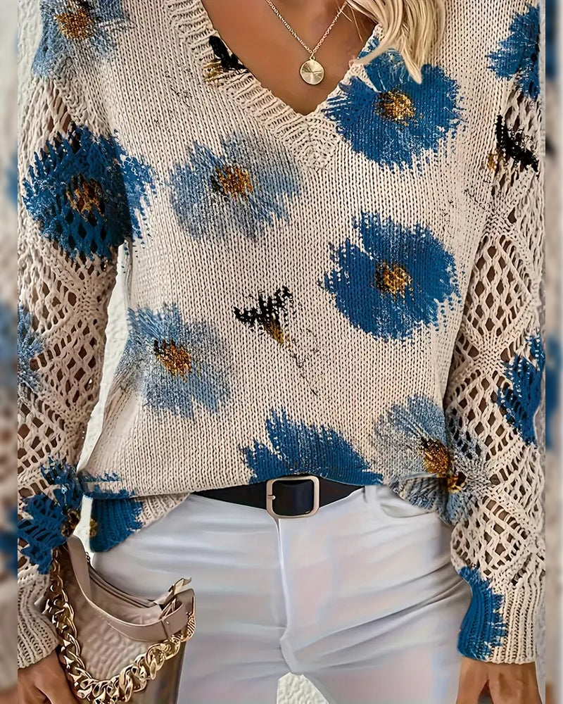 Pull jacquard à col en V à manches longues
