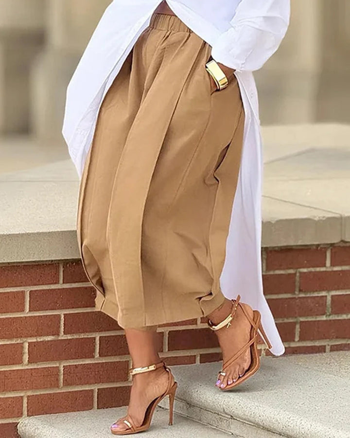 Pantalon court à taille élastique, ourlet tulipe, couleur unie