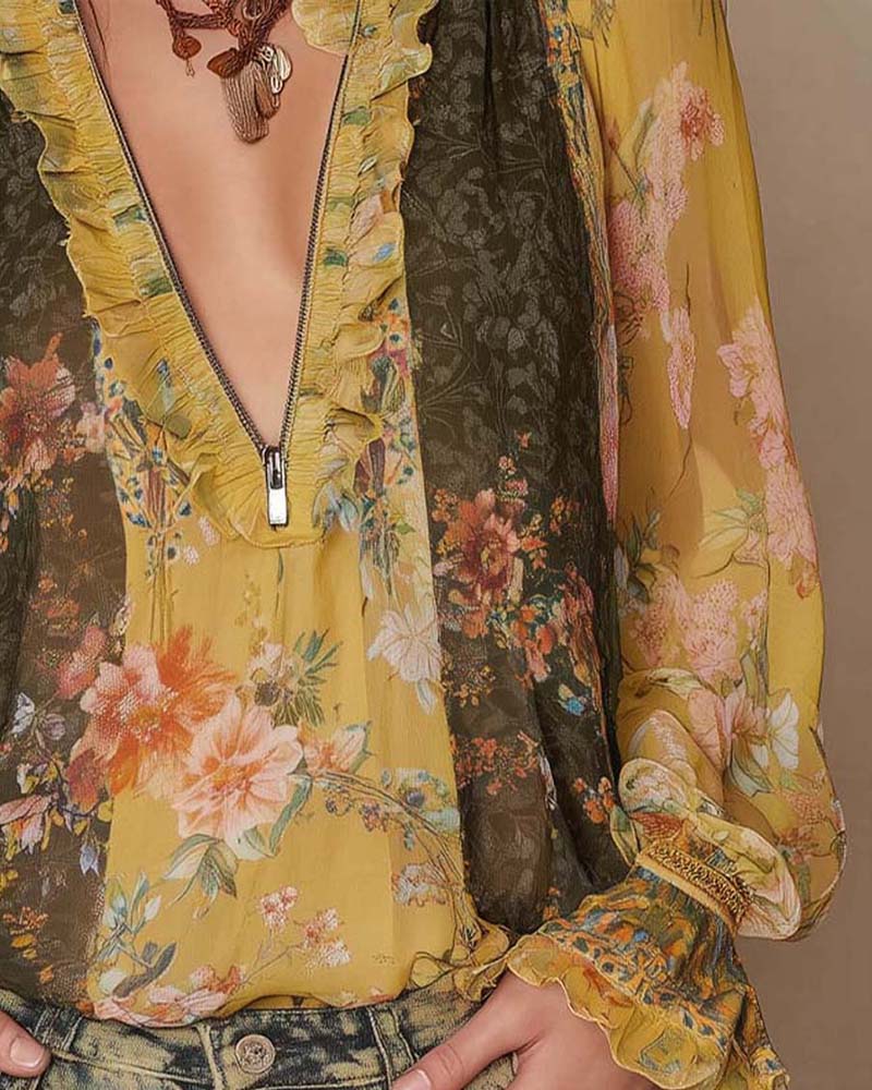 Floral print blouse with half-zip