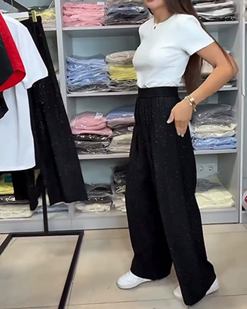 Pantalon large à taille haute, brillant et stylé