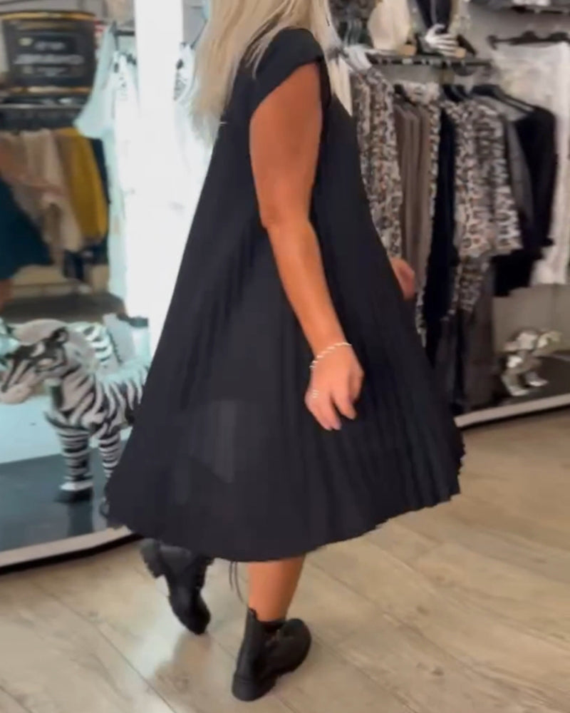 Robe décontractée à col rond, couleur unie, plissée