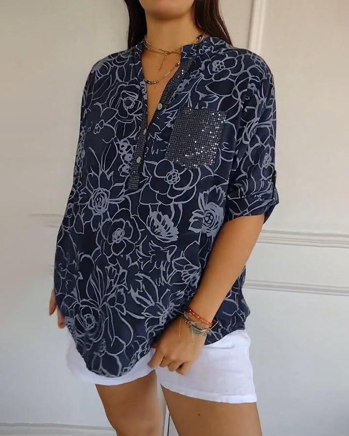 Blouse à col V à boutons imprimée