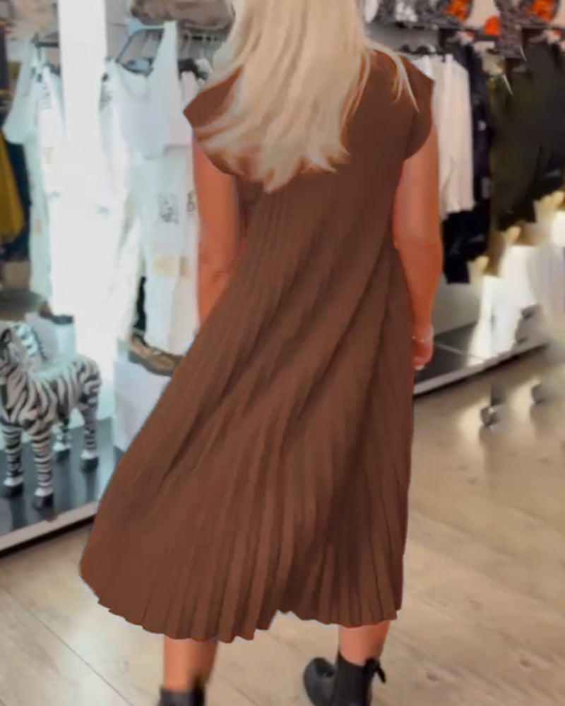 Robe décontractée à col rond, couleur unie, plissée