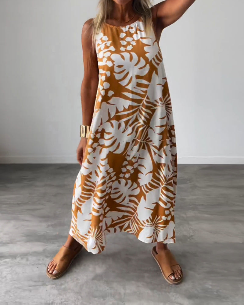 Robe décontractée sans manches à imprimé feuillage