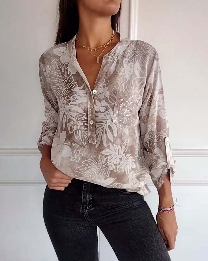 Top patchwork pailleté à imprimé feuilles