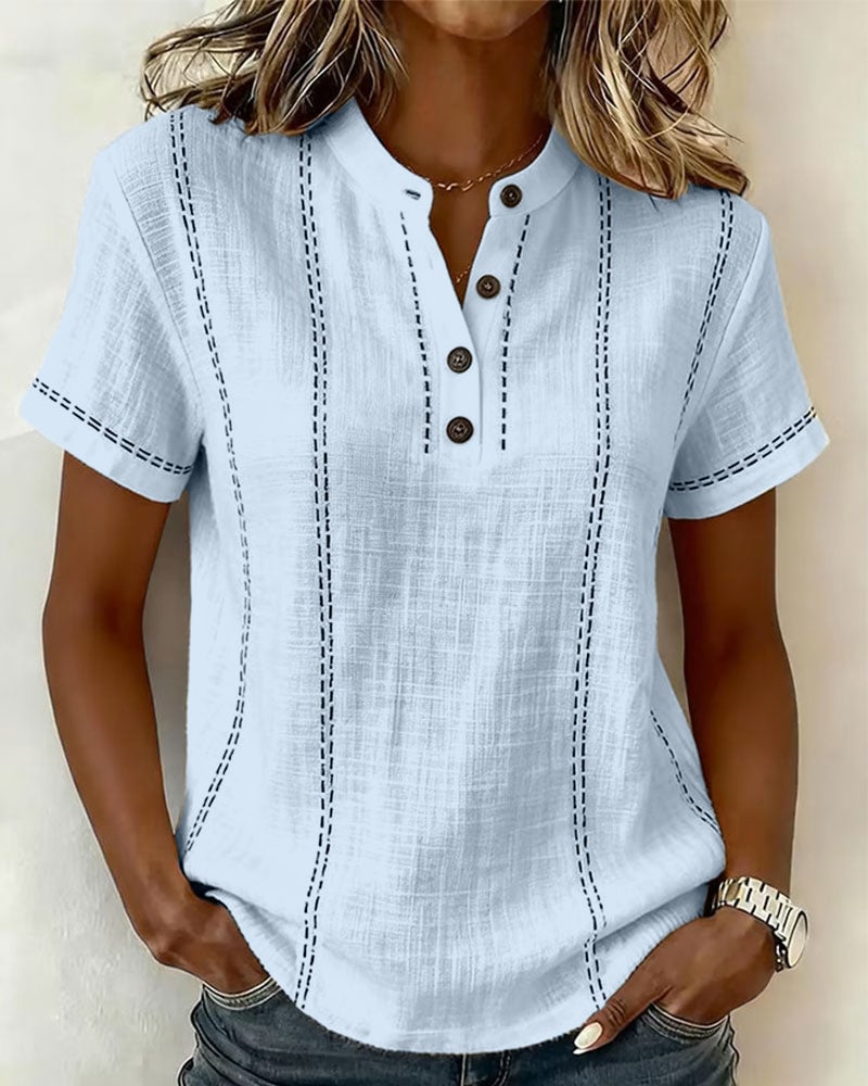 T-shirt à col V à boutons, décontracté et à la mode