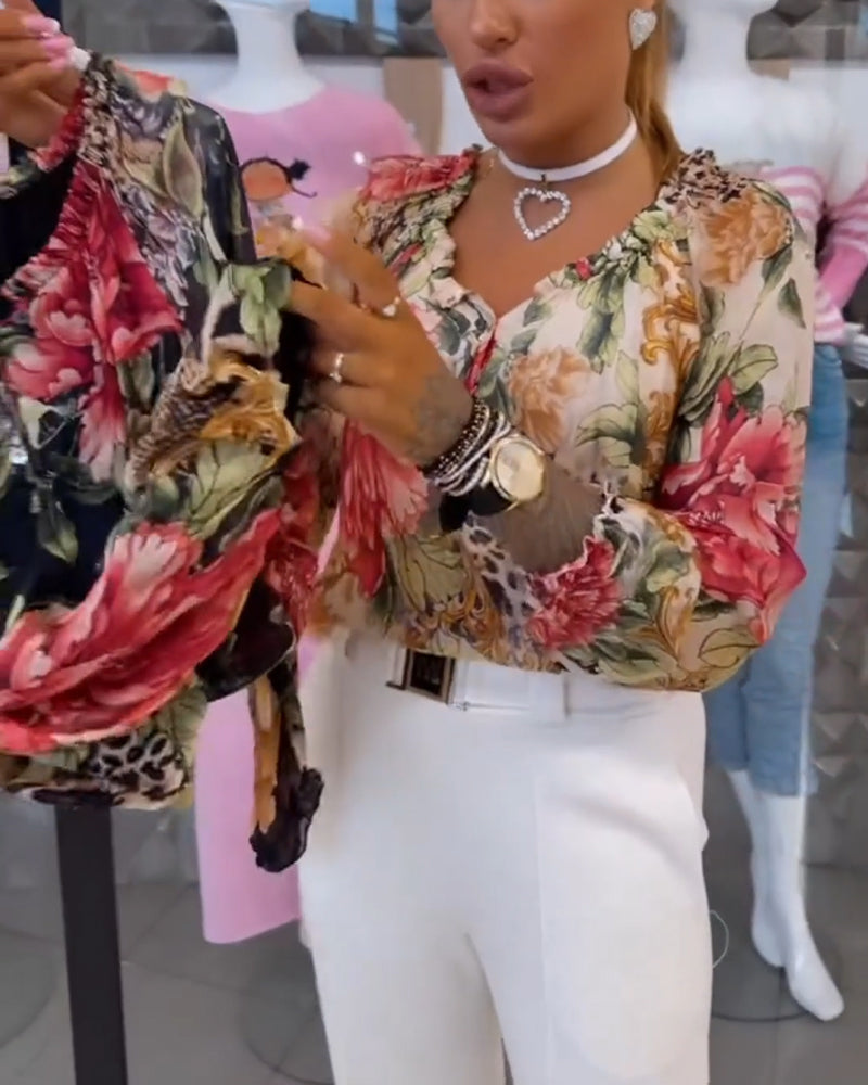 Blouse à col V imprimé floral
