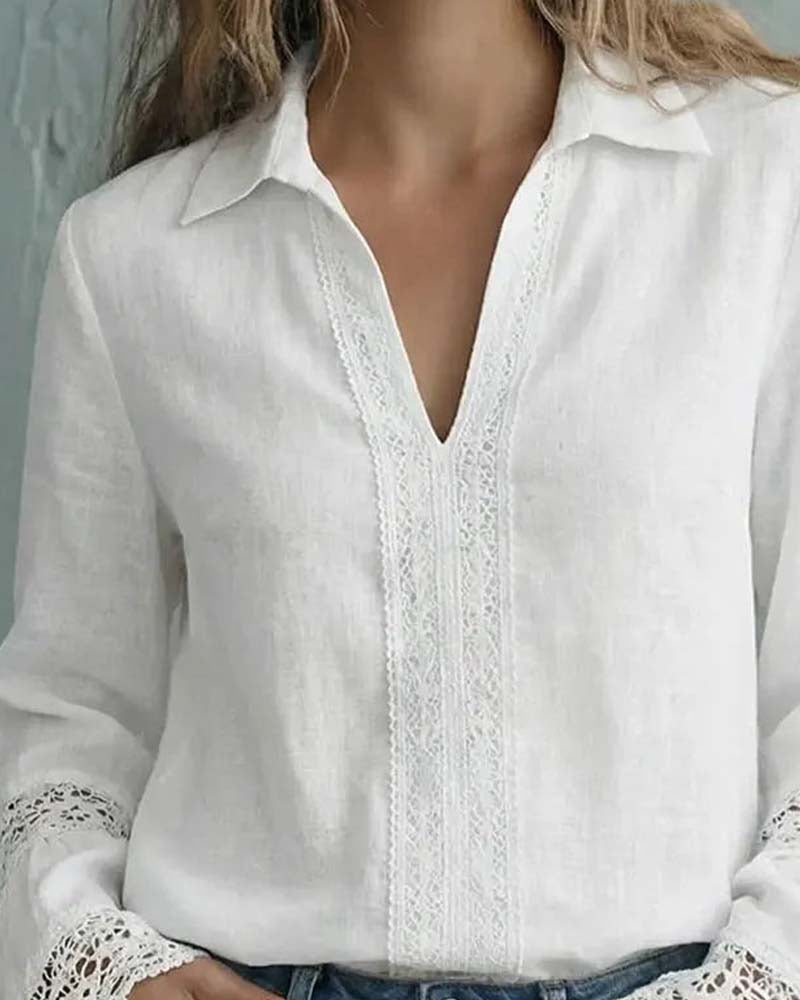 Blouse élégante à couleur unie avec manches cloches en dentelle