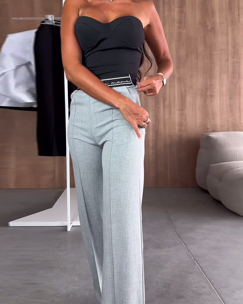 Pantalon droit décontracté couleur unie avec poche à fermeture éclair