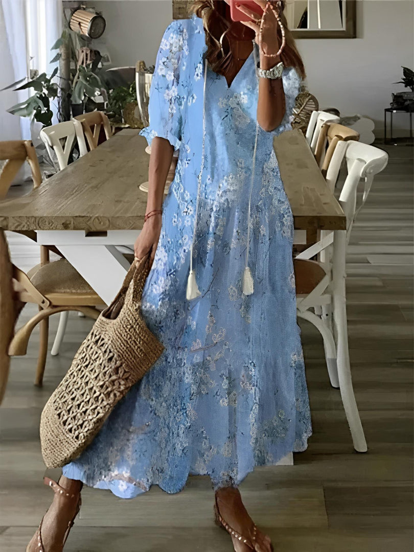 Robe bohème vintage imprimée à col V
