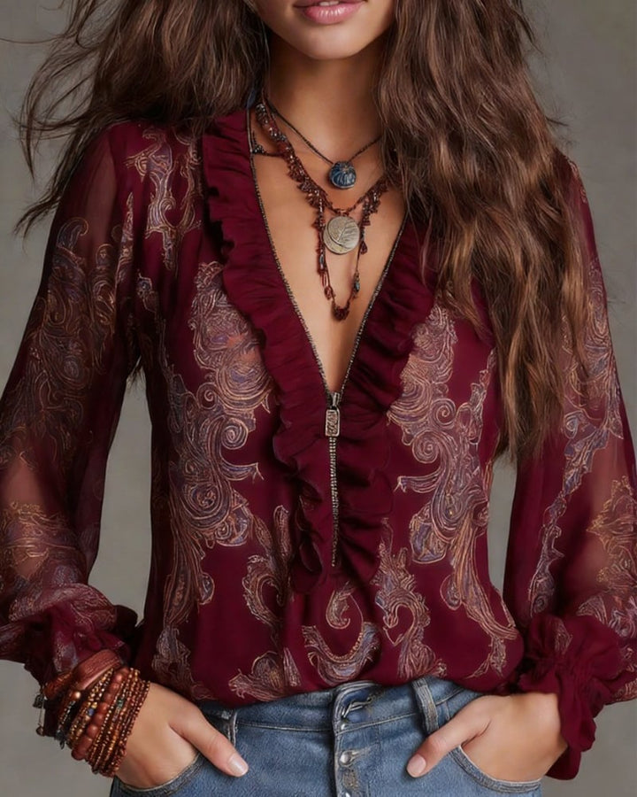 Blouse rétro à volants et demi-fermeture