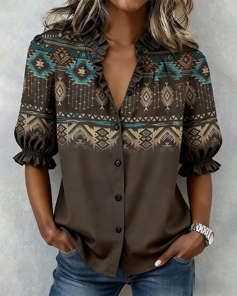 Blouse à manches courtes à volants imprimée style Western