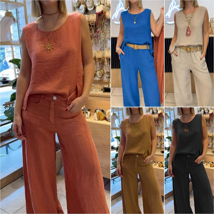 Ensemble deux pièces pantalon et haut col en V