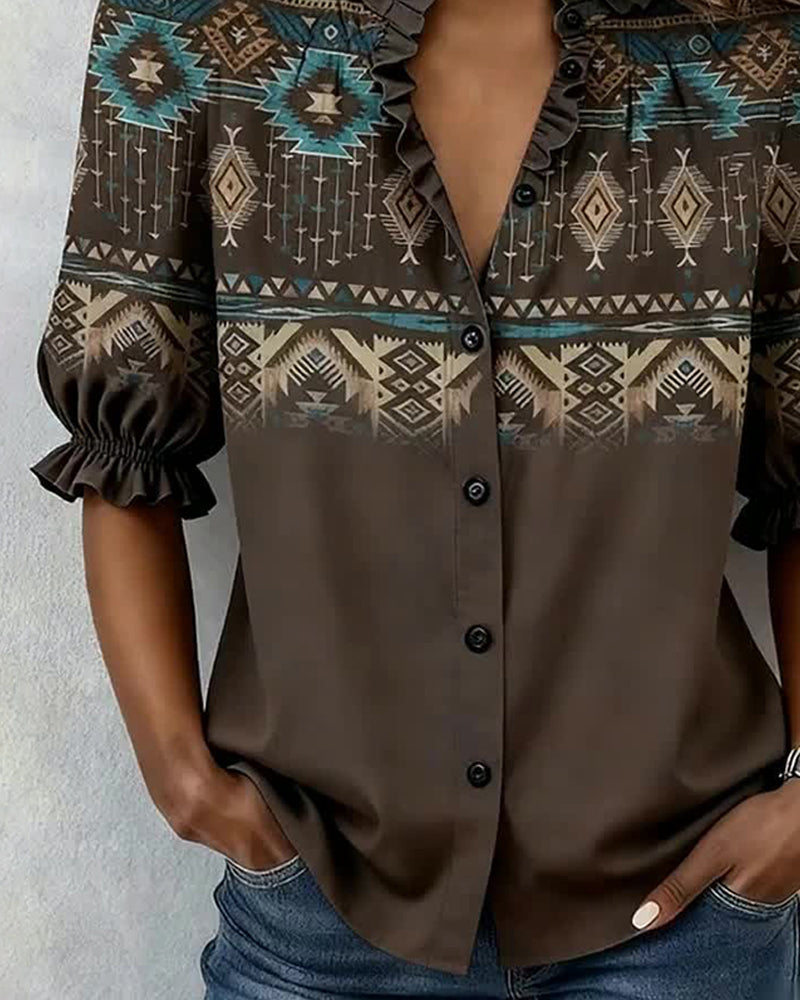 Blouse à manches courtes à volants imprimée style Western