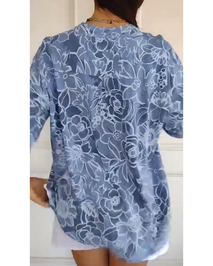 Blouse à col V à boutons imprimée