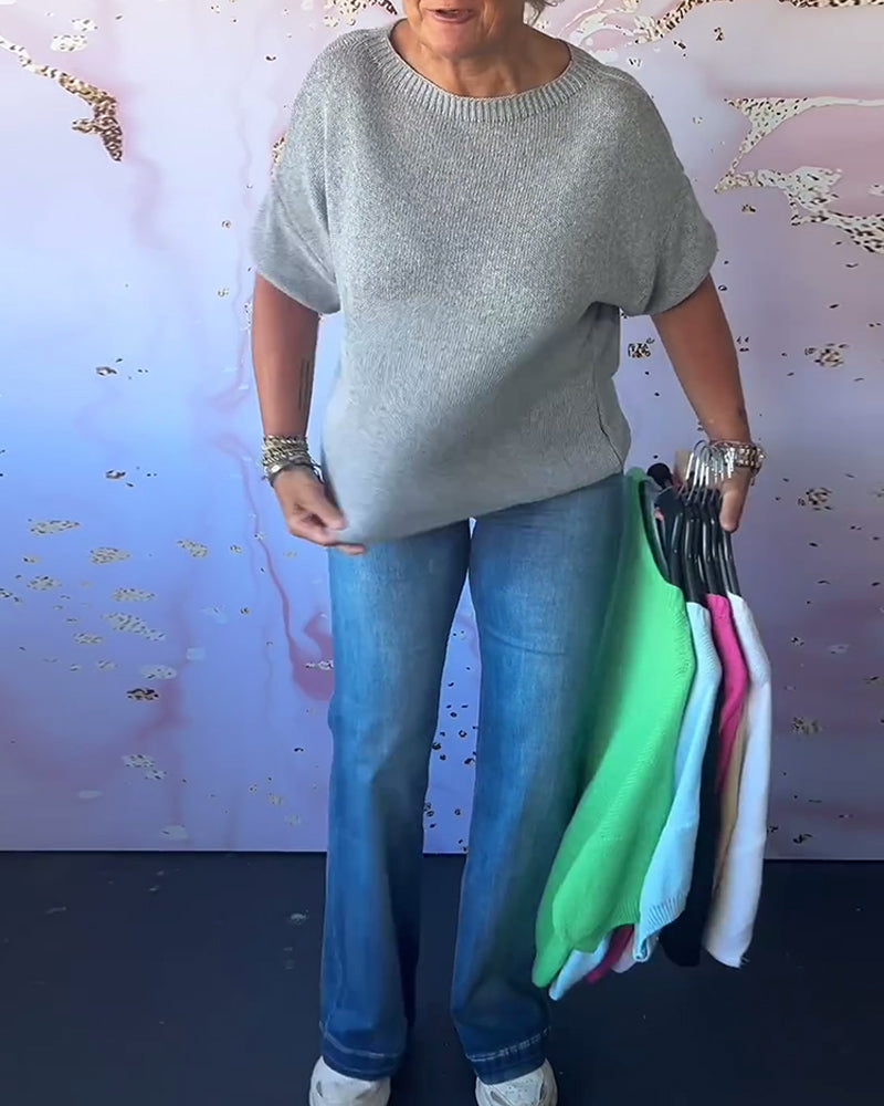 Pull décontracté ample à couleur unie et col rond