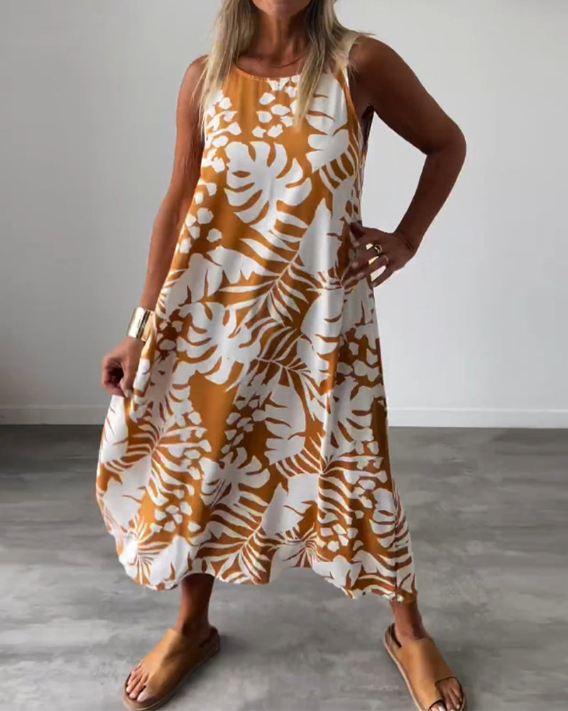 Robe décontractée sans manches à imprimé feuillage