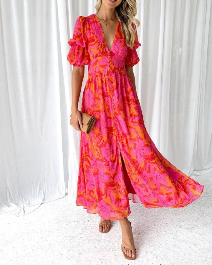 Robe longue élégante à col V et manches bouffantes