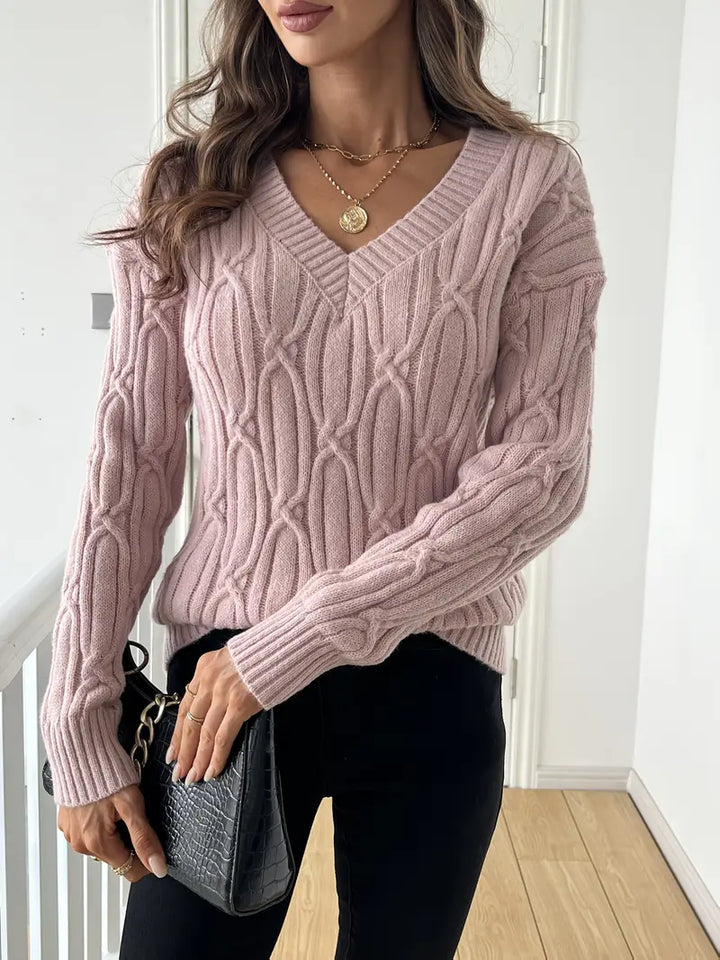Pull uni en maille torsadée à col V pour femme