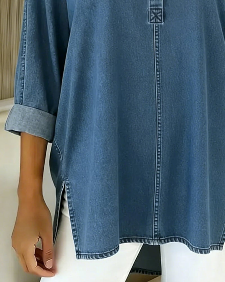Top en denim à col en V et à boutons