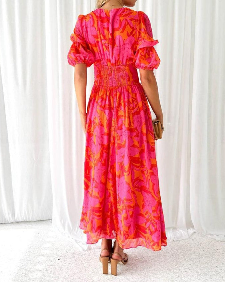 Robe longue élégante à col V et manches bouffantes
