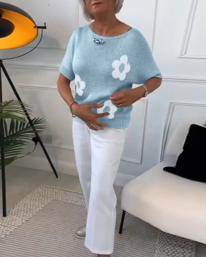 Pull-over ajusté à col rond et imprimés floraux