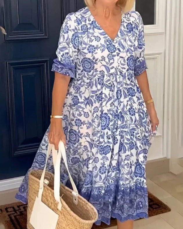 Robe bohème à col en V et manches longues
