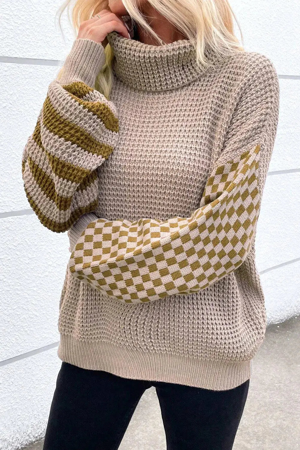 Pull col roulé en tricot gaufré patchwork à rayures et carreaux