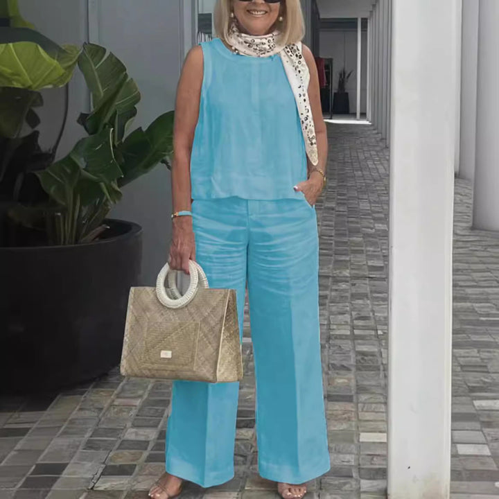 Ensemble pantalon large en coton et lin sans manches