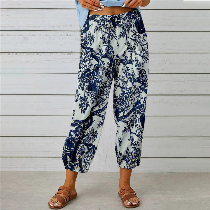 Pantalon imprimé rétro à taille haute et cordon de serrage