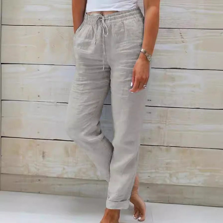 Pantalon large en coton et lin à taille élastique